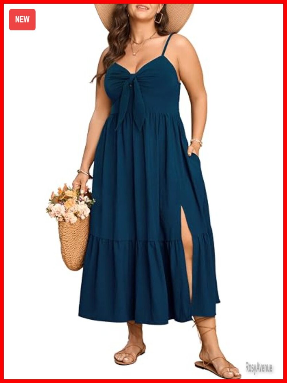 Plus Size Maxi Sun Dress with Pockets, Spaghetti Strap Tie Front Smocked Ruffle